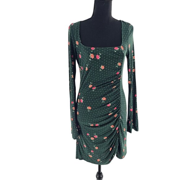 FREE PEOPLE Women's Small Green Floral Print Celia Long Sleeve Mini‎ Dress - Picture 1 of 7